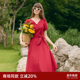 绝美超好看短袖 花瓣袖 裙子1C4R4K2NA 时尚 歌莉娅红色连衣裙女夏季