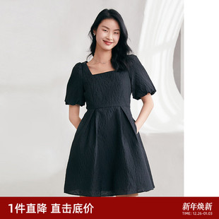 小黑裙小个子公主裙 方领短袖 直降3折 歌莉娅蝴蝶结连衣裙女夏季