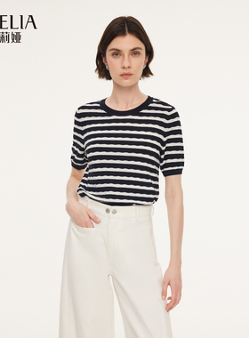 歌莉娅莱赛尔短袖T恤女2026新款夏季条纹上衣圆领套头衫1F3C5G310