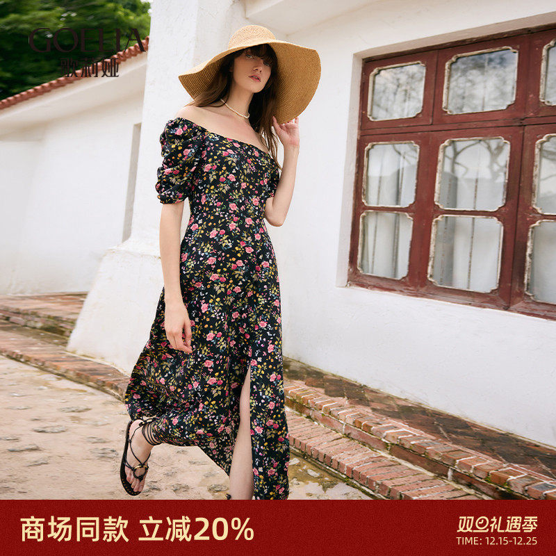 歌莉娅夏季真丝印花泡泡袖连衣裙