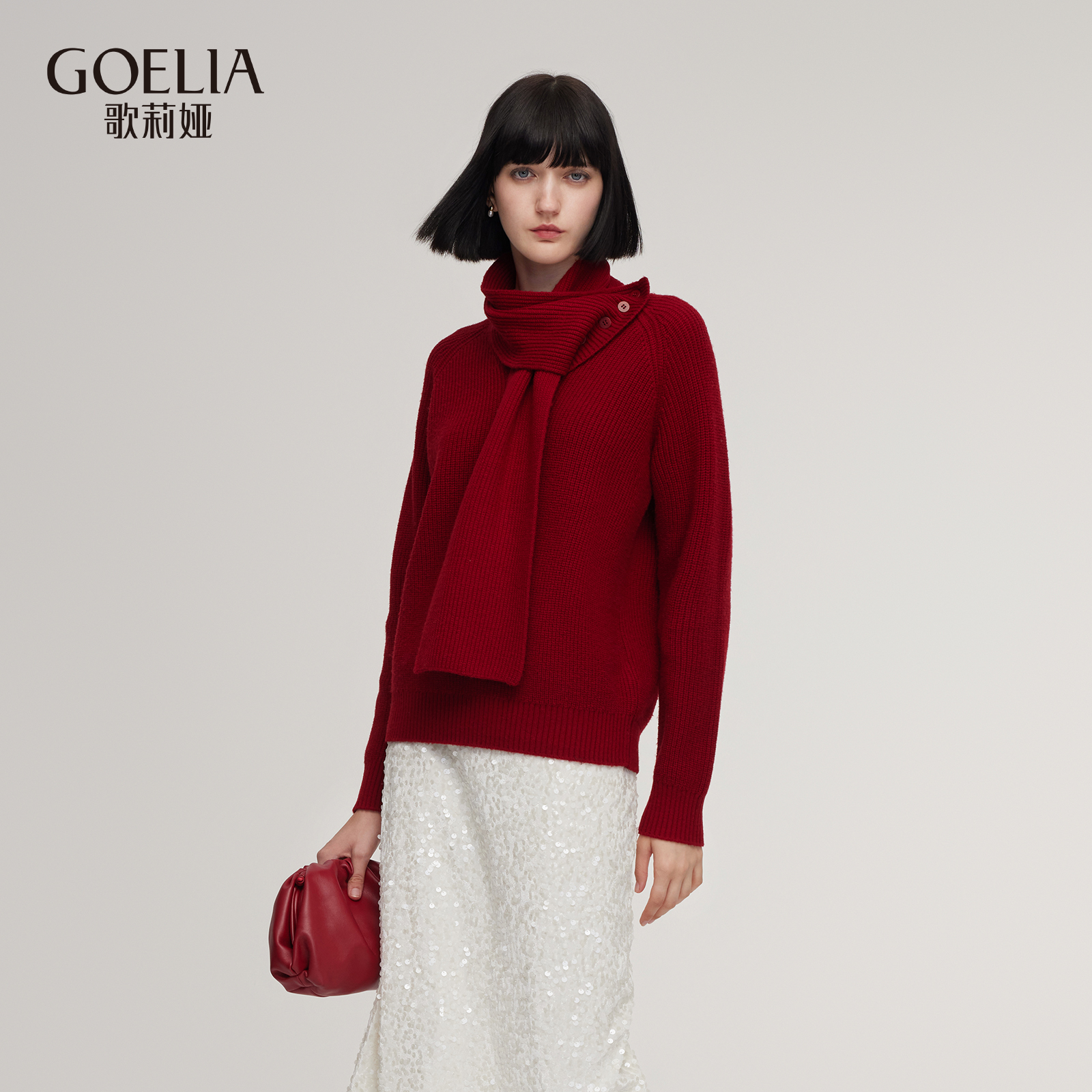 歌莉娅冬季红色毛衣女设计感上衣