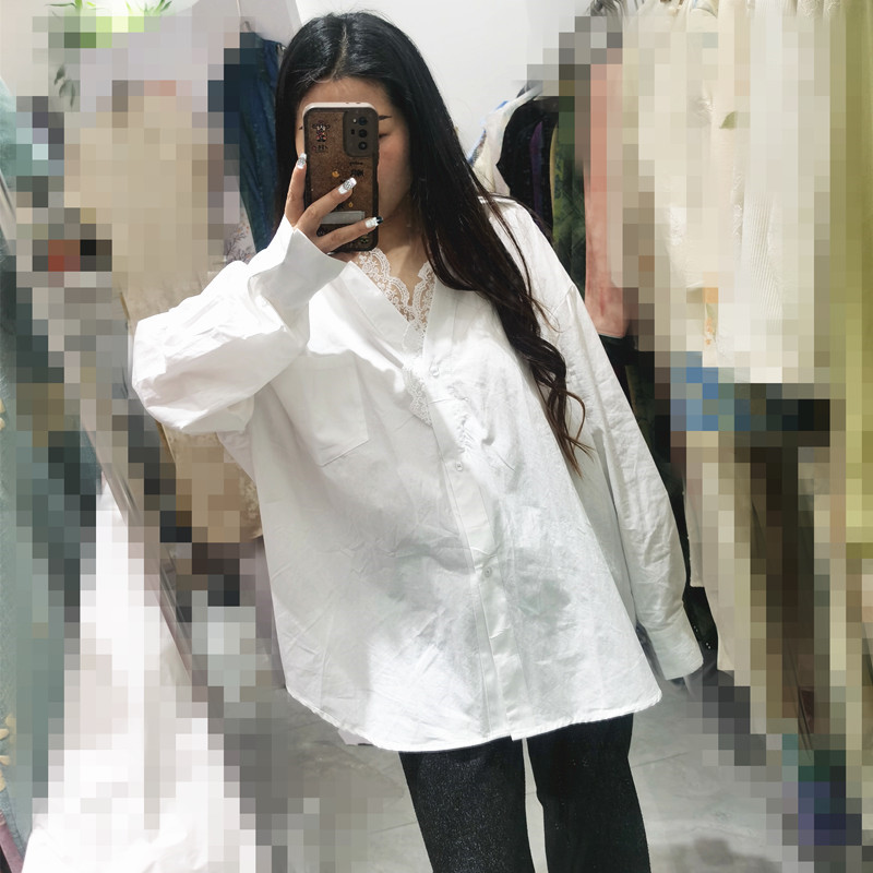 V领拼接蕾丝白色长袖衬衫女士2025年春季新款欧韩版休闲纯棉衬衣