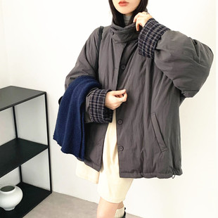 韩系格纹拼接短款立领羽绒服外套女2025冬季爆款加厚休闲保暖风衣