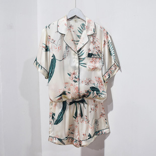 100%桑蚕丝丝绸家居服两件套装 新款 短裤 短袖 印花真丝睡衣女夏薄款