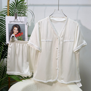 短袖 开衫 短裤 女小香风法式 100%桑蚕丝家居服 重磅真丝睡衣套装 夏季