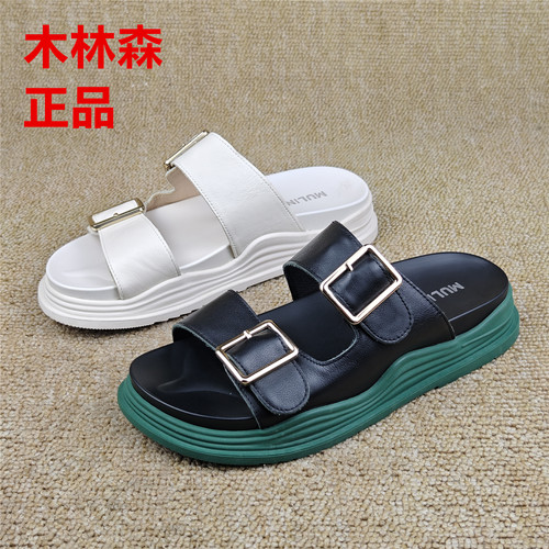 头层牛皮女夏厚底防滑一字拖