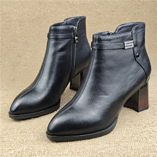 撤柜断码处理女靴子真皮女鞋头层牛皮加绒棉靴侧拉链高跟时装短靴
