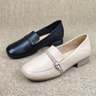 头层牛皮女鞋商场断码真皮透气女单鞋圆头一脚蹬休闲乐福鞋女皮鞋