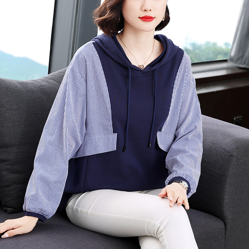 拼接撞色连帽长袖卫衣女春秋装大码胖mm中年女士妈妈衣服t恤上衣