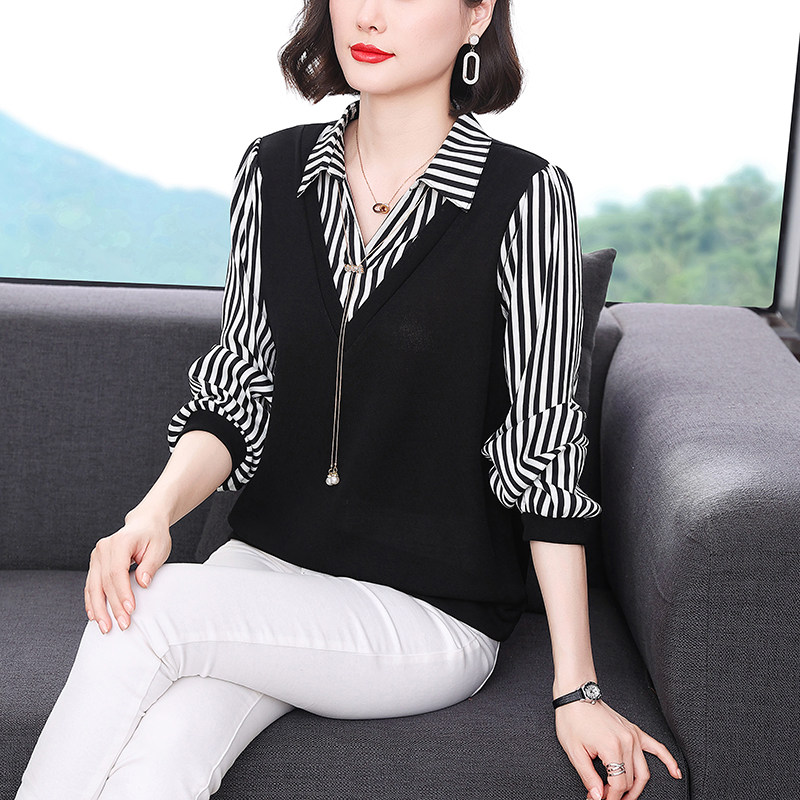 条纹POLO领长袖上衣春秋大码胖mm中年女士妈妈装打底t恤小衫衬衫