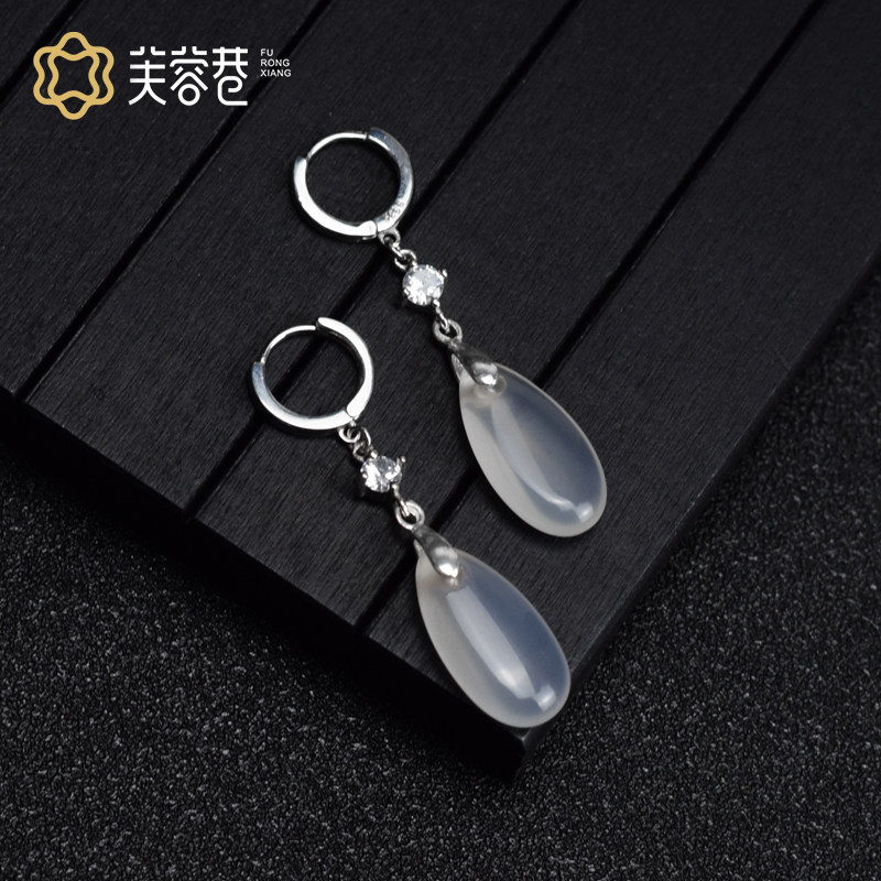 芙蓉巷 烟雨 原创纯银耳扣天然冰种玉髓玛瑙耳环女复古风气质耳坠