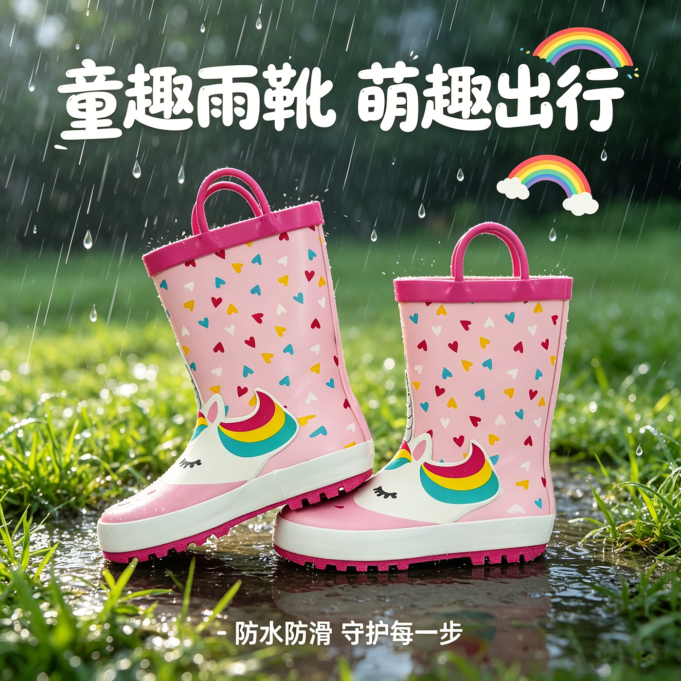 儿童雨鞋独角兽女童小马宝莉雨靴宝宝卡通粉色水鞋女孩雨衣套装
