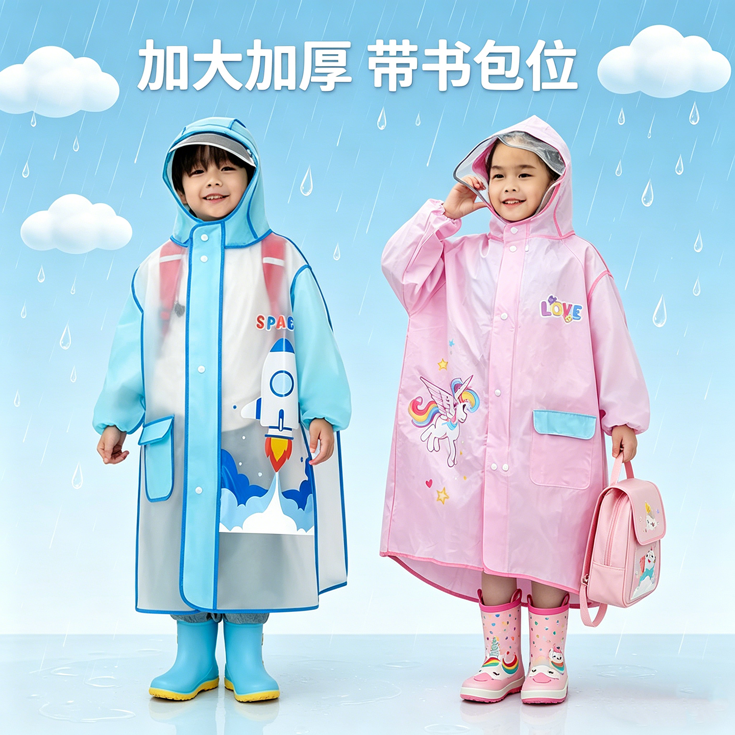 儿童雨衣男童女孩全身小学生带书包位雨披小马宝莉大帽檐上学火箭