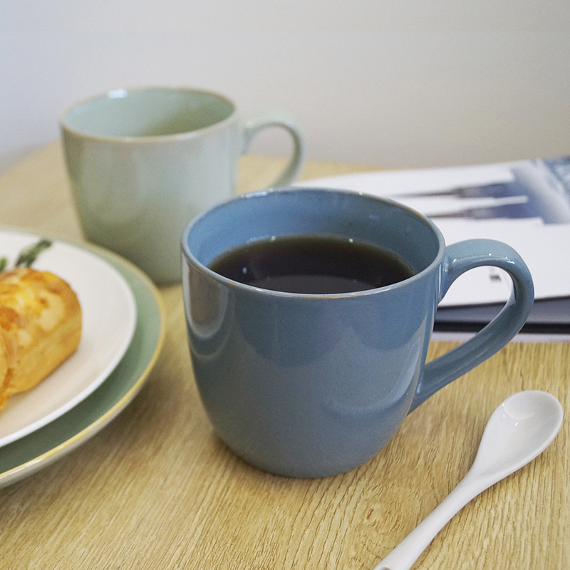 窑变复古纯色蓝色绿色陶瓷大容量简约马克杯带把手柄陶瓷水杯茶杯