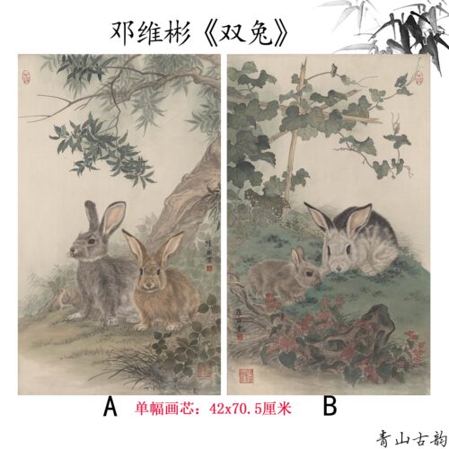 邓维彬老师双兔工笔大师动物兔子画高清微喷复制教学美术临摹范本