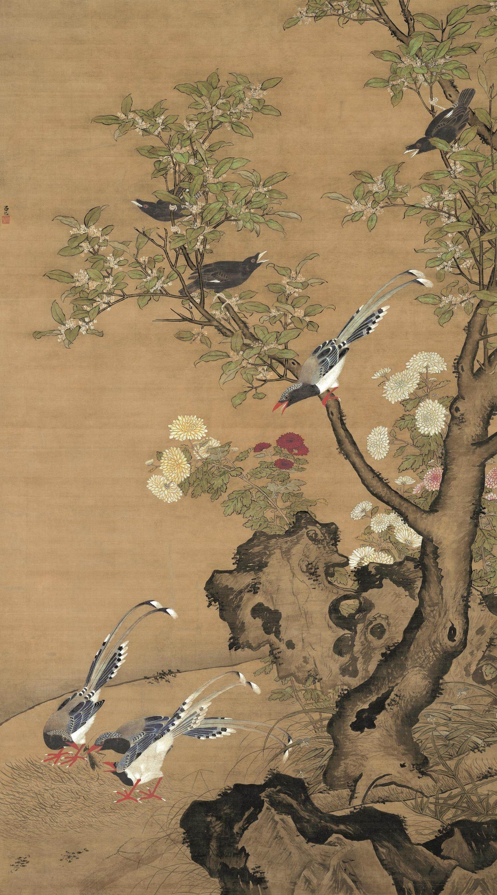 新品 明 吕纪 桂菊山禽图 50x90厘米艺术微喷国画仿古装饰画字画