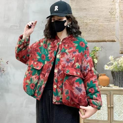 女式复古文艺范冬季加绒棉服外套