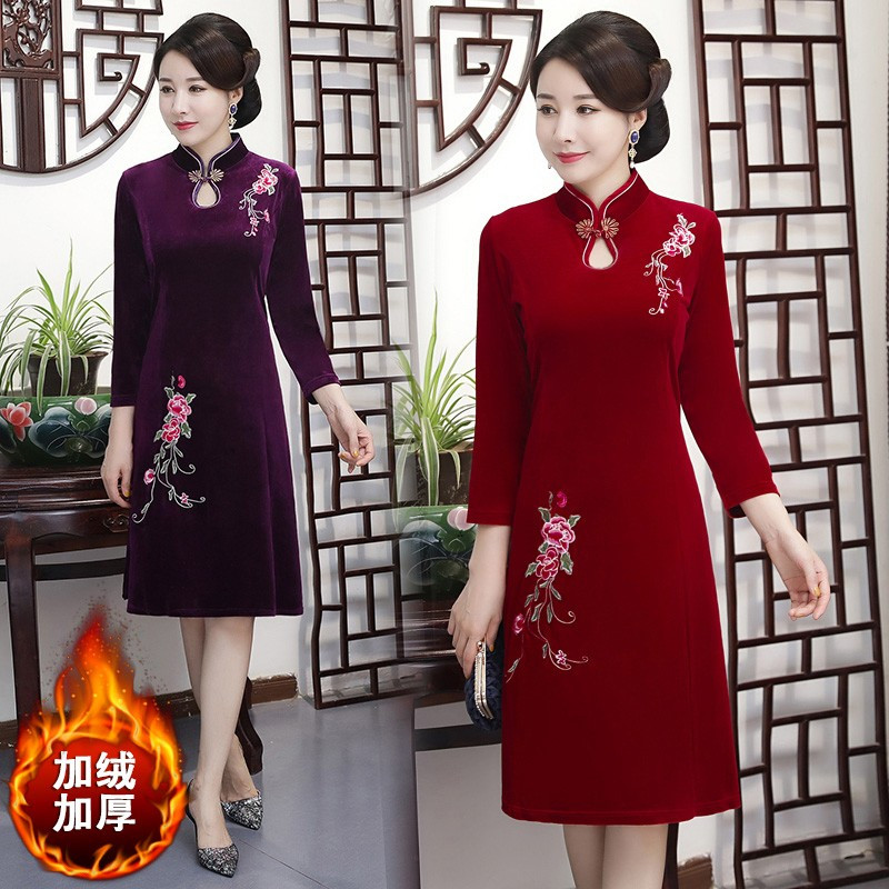 复古气质改良版加绒旗袍连衣裙女