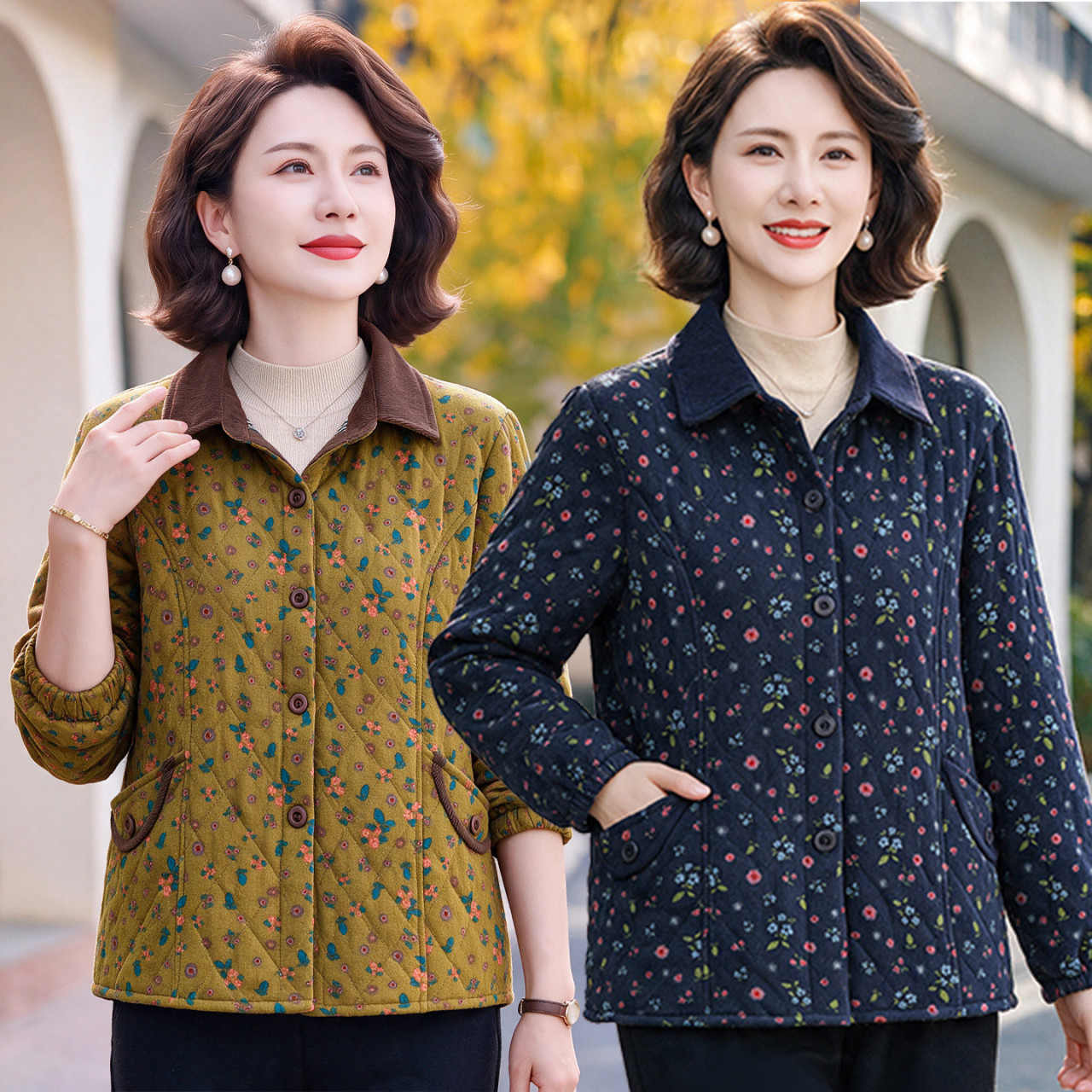 春秋新款小棉衣中老年女装夹棉碎花短款衬衫妈妈装薄棉服外套上衣