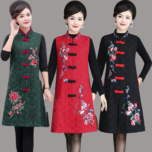 民族风唐装马夹中老年女式春秋立领绣花马甲背心中长款妈妈装外套