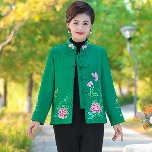 民族风妈妈装短款加厚棉服外套中老年女复古盘扣绣花保暖棉袄上衣