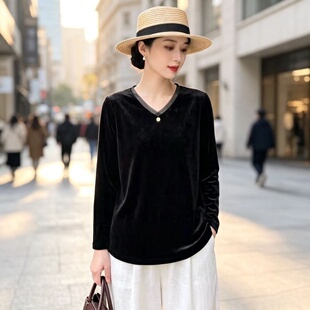 妈妈装秋季新款黑色V领长袖金丝绒上衣宽松遮肉显瘦中老年女装T恤