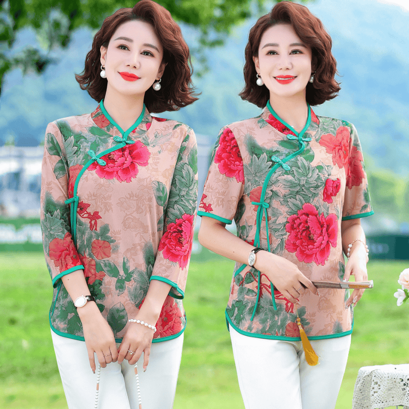 妈妈小衫气质旗袍领夏季复古上衣