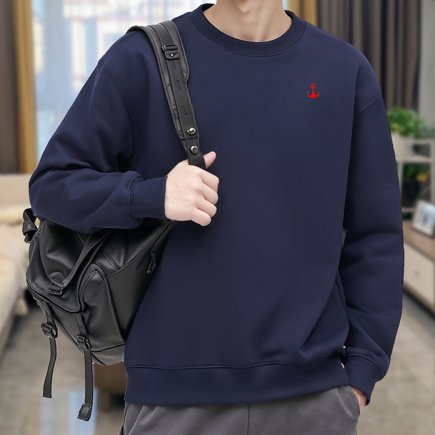 春秋男士深蓝宽松圆领长袖卫衣
