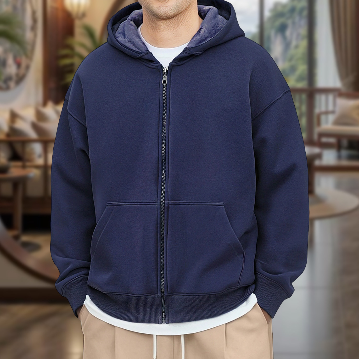 2026新款连帽卫衣男宽松拉链开衫外套男秋冬款加绒加厚上衣简约风