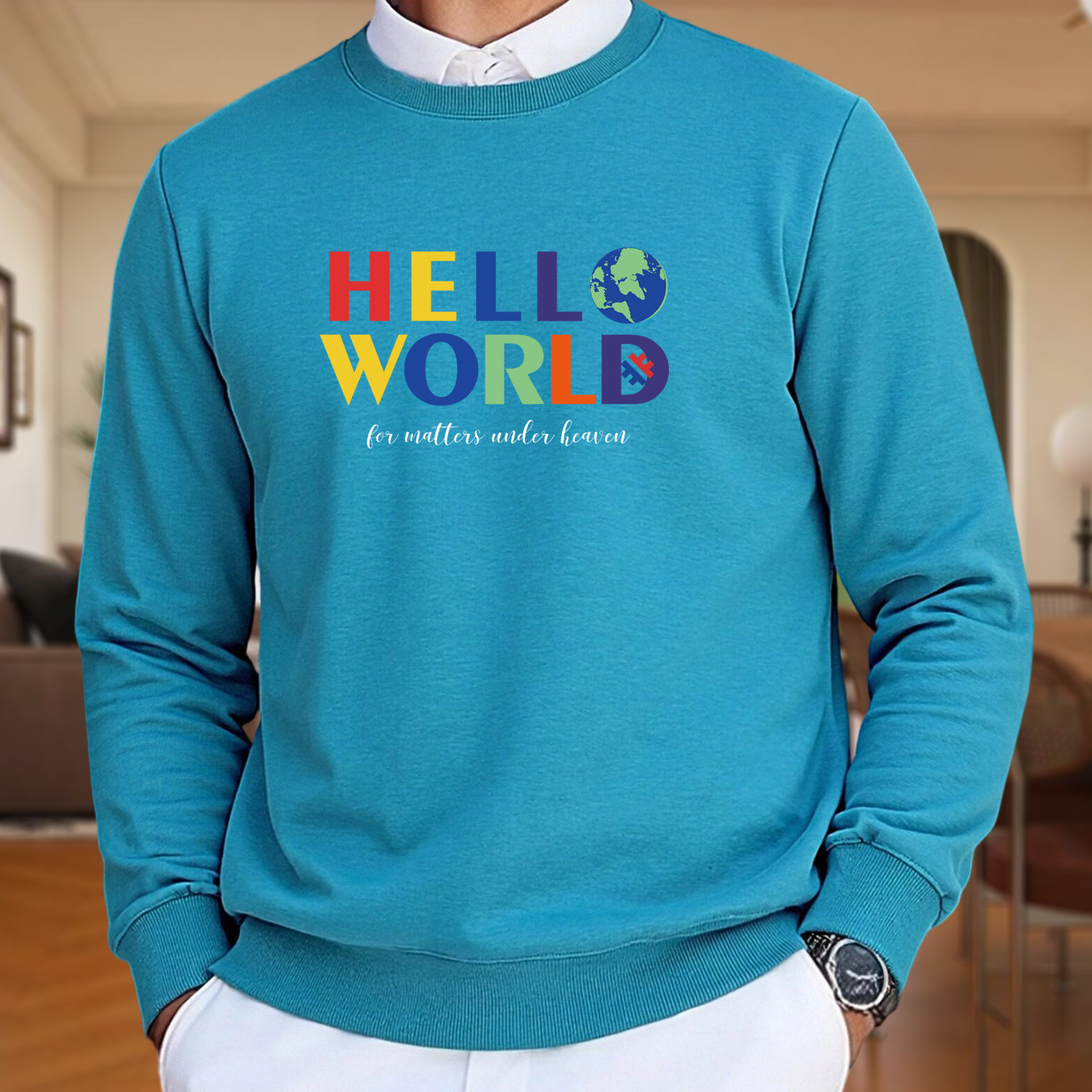 2026新款欧美风青年大码男装t恤长袖精棉运动服打底衫孔雀蓝上衣