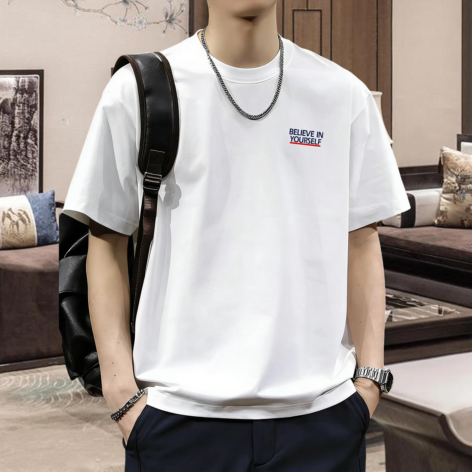 男士纯棉圆领短袖特大码男装加肥加大上衣宽松版型夏季透气吸汗棉