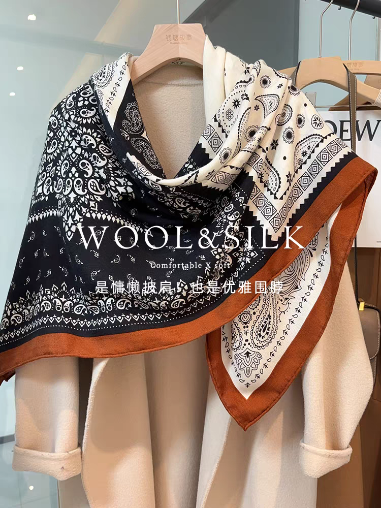 「美式四格」真丝羊毛围巾女春秋季复古丝毛围巾多功能领巾披肩