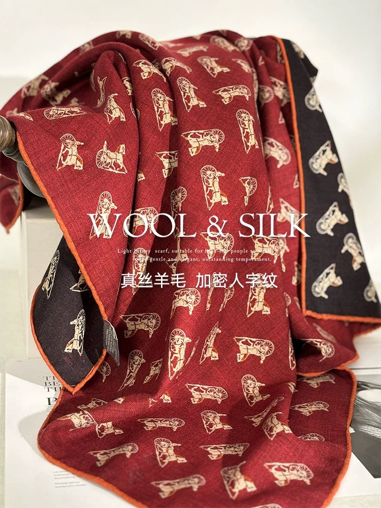 意大利红黑马车！奢级丝毛围巾女春秋百搭多功能真丝羊毛方巾披肩