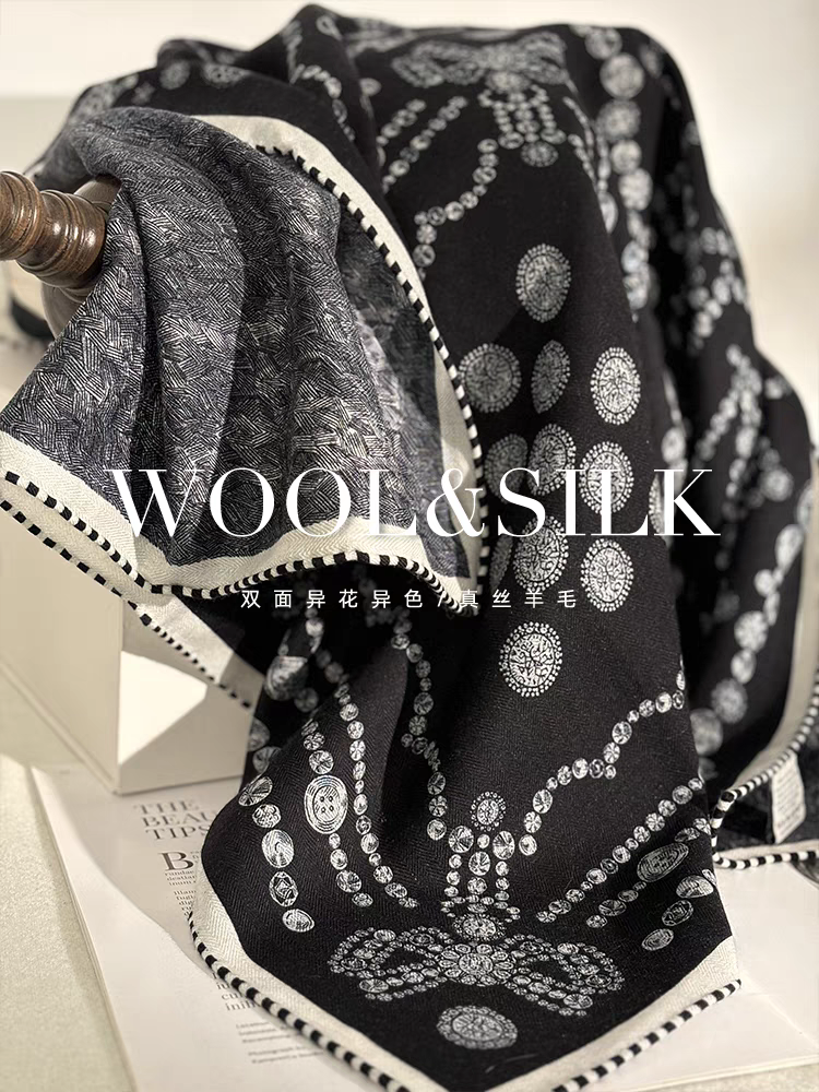 怀旧珠宝！高定轻奢真丝羊毛围巾女秋冬百搭双面丝毛方巾披肩两用