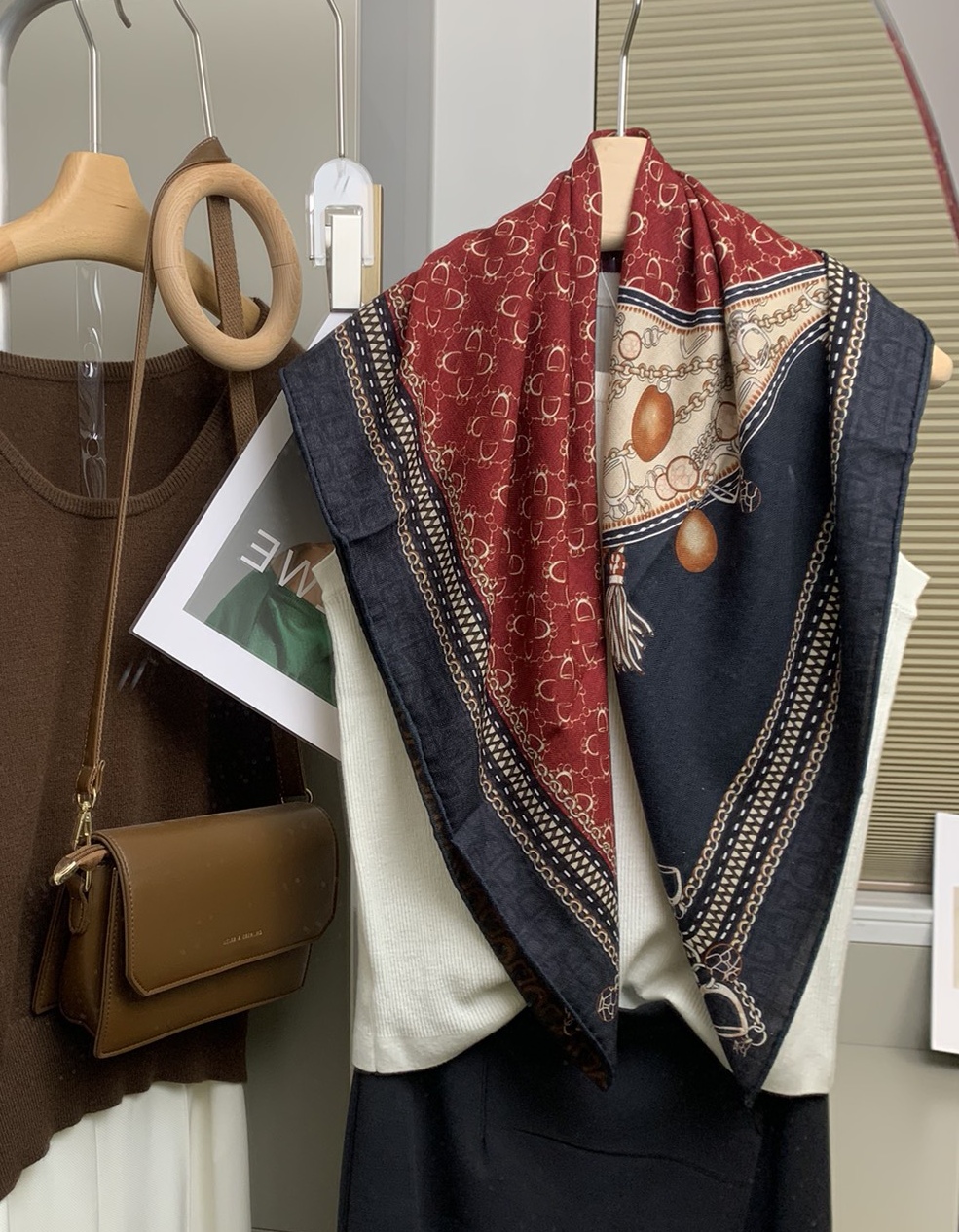 流金岁月双面复古配色丝毛丝巾真丝羊毛围巾女90大方巾