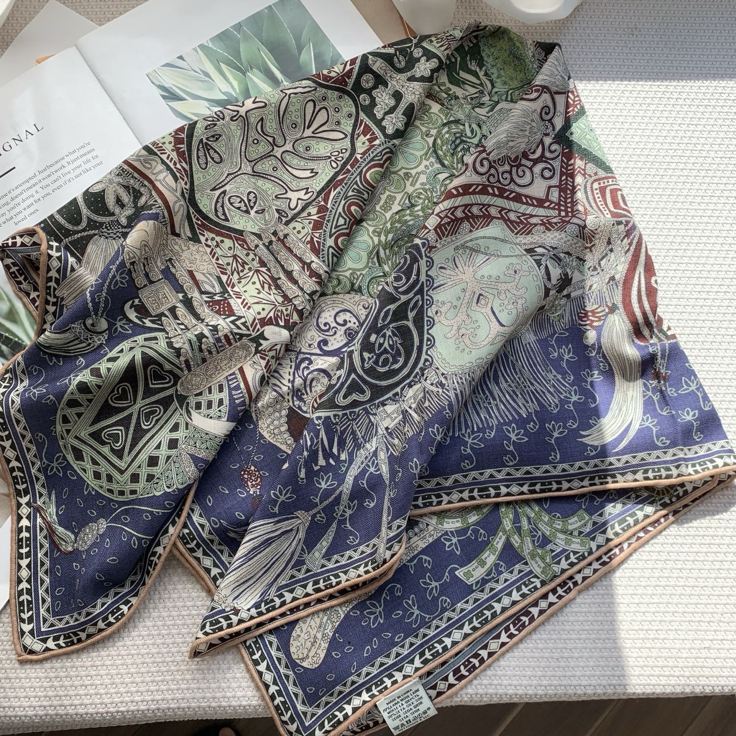 【高加索】蓝绿色真丝羊毛围巾轻奢丝毛披肩丝巾外搭女大方巾85cm