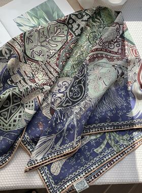 【高加索】蓝绿色真丝羊毛围巾轻奢丝毛披肩丝巾外搭女大方巾85cm