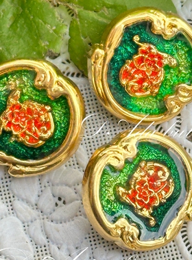 H38 21mm欧洲风情手工彩绘复古钮扣 红花绿叶风情万种