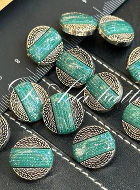 jp38-15mm闪闪京都绿色黑银小钮扣 日制钮扣+手工彩绘