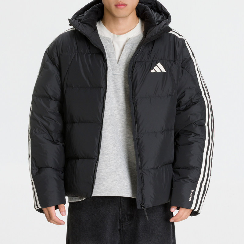 阿迪达斯男士运动服2026冬季户外保暖羽绒服宽松连帽拉链口袋外套