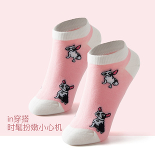 棉花共和国春夏船袜旗舰店潮女士可爱斗牛犬狗狗提花时尚粉红透气