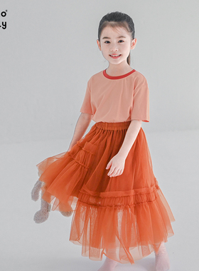 洋气原创童装新品夏装中童女孩橘红色半身裙不规则纱裙子939+793