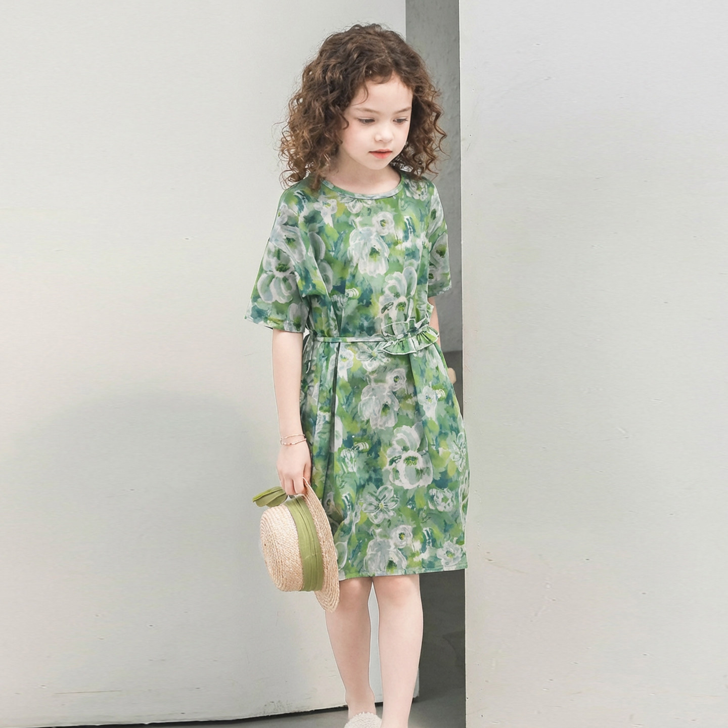 Hello Emily洋气童装绿色纯棉连衣裙新款夏装女孩子短袖气质裙611