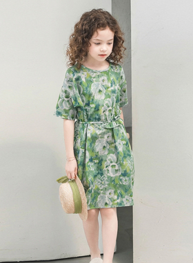 Hello Emily洋气童装绿色纯棉连衣裙新款夏装女孩子短袖气质裙611