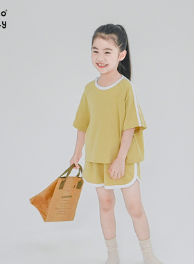 原创童装新款夏季女童黄色运动套装全棉圆领短裤纯棉两件套726