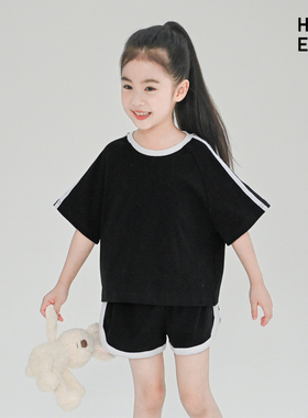 原创自制童装2026新款男女童夏季运动套装纯棉黑色显瘦两件套726