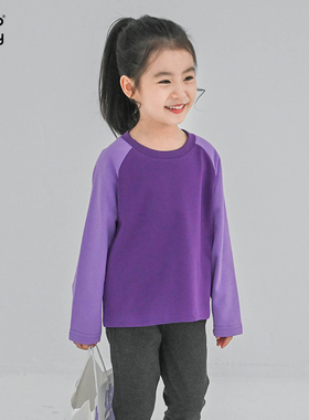 女童装春秋款插肩撞色体恤男女中童长袖T恤打底衫紫色1177+1119