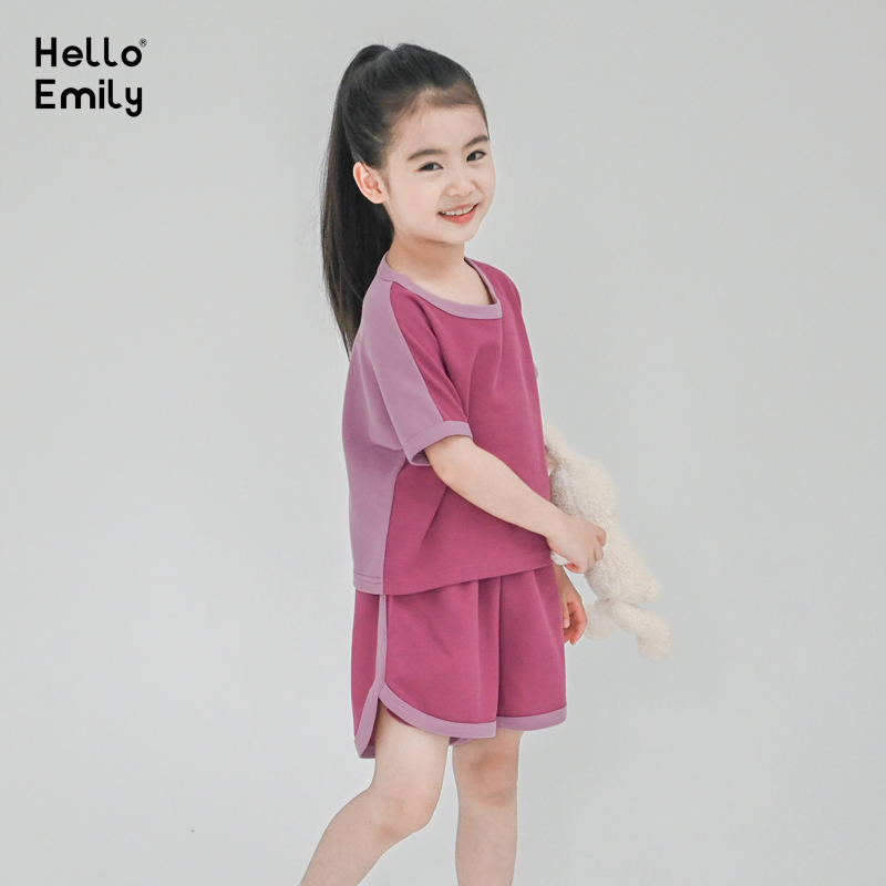 洋气童装2025新款夏装中童女紫色套装短袖T恤撞色男童运动服装785