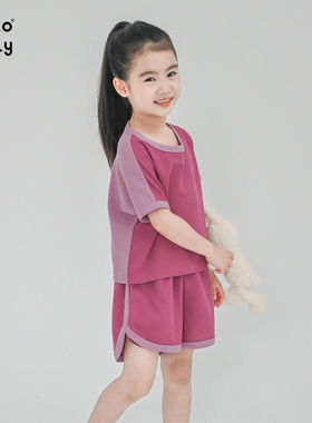洋气童装2026新款夏装中童女紫色套装短袖T恤撞色男童运动服装785