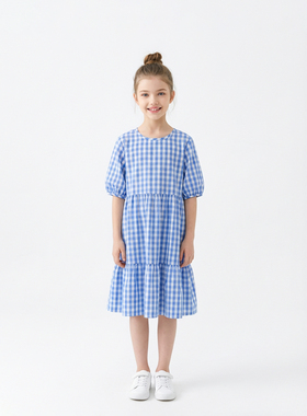 Hello Emily洋气童装短袖蓝色格子连衣裙2026新款夏装公主女孩750